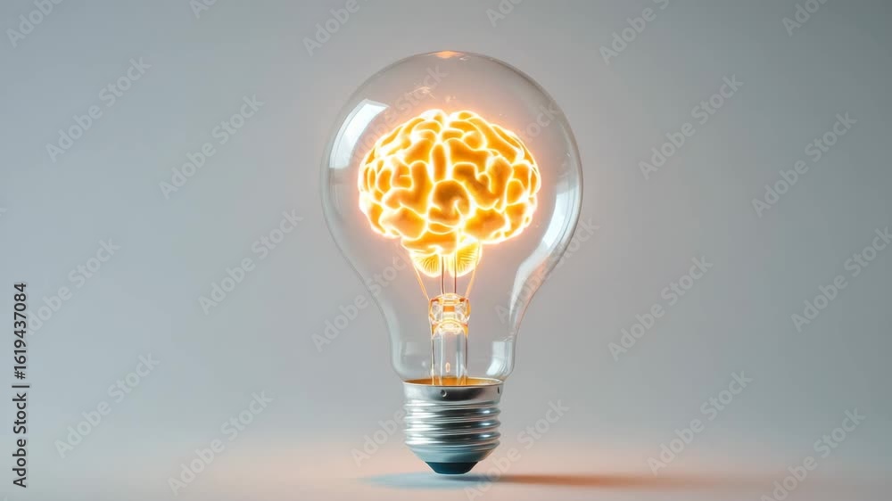 Poster light bulb with glowing brain inside representing innovation and ideas