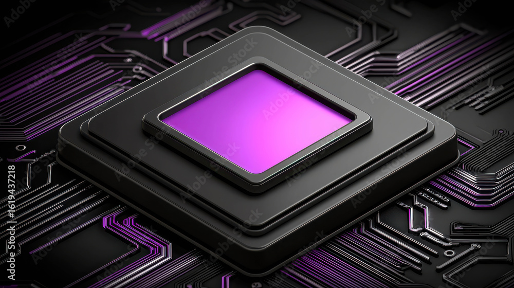 Aufkleber futuristic microchip design illuminated in purple hues on a black circuit board background showcasin