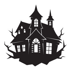 Spooky silhouette of a haunted victorian mansion with gnarled trees