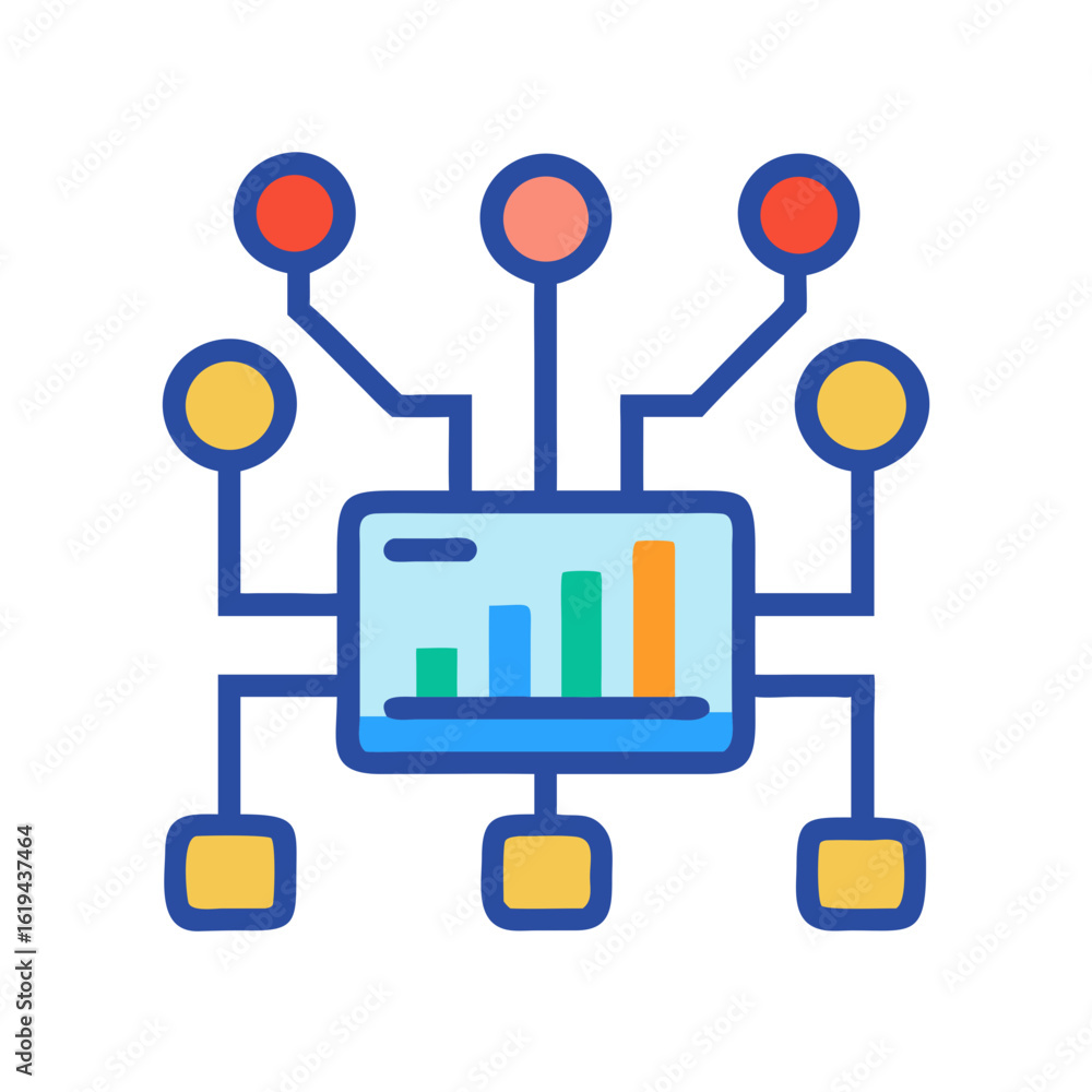 Poster colorful data network diagram showing business progress chart