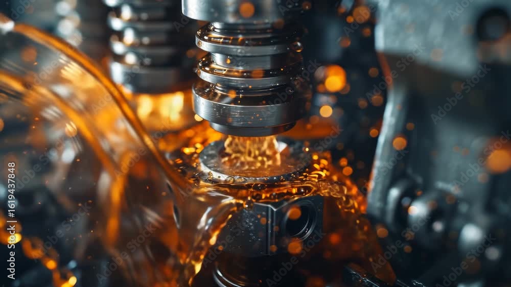 Aufkleber close-up of a precision machine part with metallic components and oil or lubricant in a manufacturin