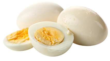 Three hard boiled eggs one cut in half isolated on transparent background