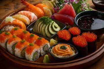Delicious sushi platter with fresh seafood and vegetables, Japanese cuisine