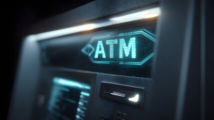 Close-up view of an ATM machine showcasing a digital display panel and card slot