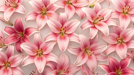 Soft pink lilies with white edges and coral centers, displaying elegant trumpet shapes with golden stamens scattered arrangement.
