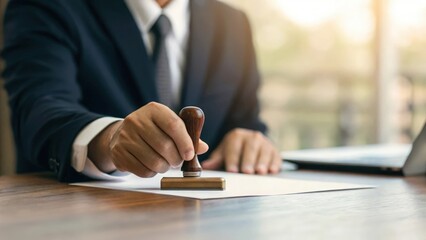 Businessman sealing financial paperwork on wooden desk — formal approval in corporate process
