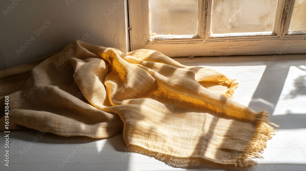 Poster Cozy blanket draped over a window sill creating a warm and inviting atmosphere in a room