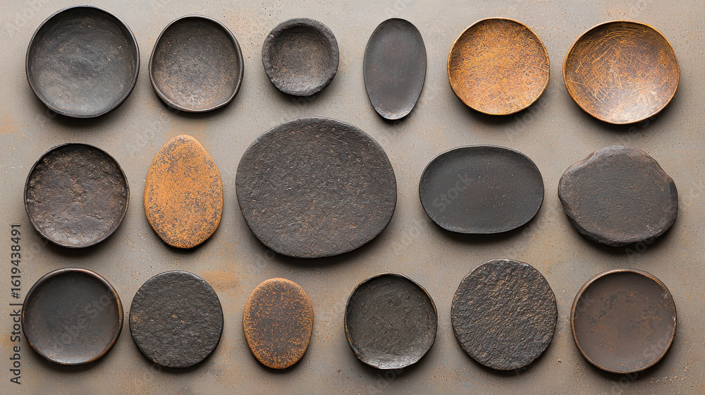 Aufkleber rustic collection of handmade clay plates displayed on neutral background showcasing various shapes 