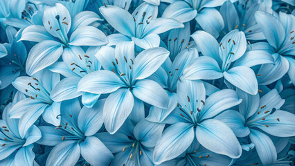 Beautiful azure blue lilies clustered in abundance, showcasing delicate petals with darker blue tones and golden-brown anthers in artistic arrangement.