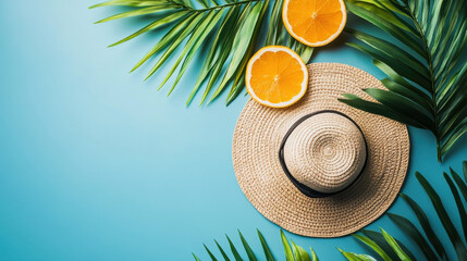 Summer tropical flat lay with beach straw hat palm leaves and sliced oranges vacation background for travel blogs and summer campaigns
