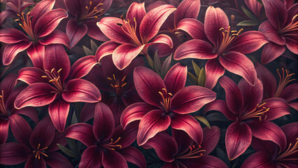 Deep maroon lilies with reddish-pink hues closely packed, displaying elegant six-petaled blooms with golden stamens in natural garden arrangement setting.