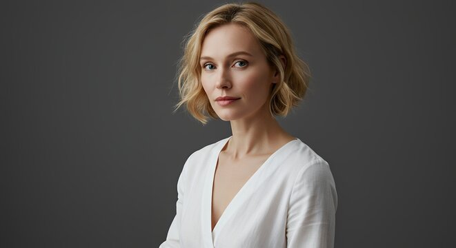 Woman studio portrait with short blonde hair