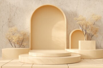 Beige minimalist podium with arches and plants
