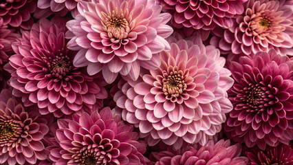 Pink dahlias with intricate layered petals closely arranged, displaying various shades from deep rose to light pink in natural clustering.