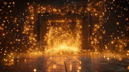 Magical golden sparkles and lights create a dreamy festive atmosphere