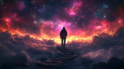 Obraz premium A solitary figure stands on a precipice, gazing at a vibrant celestial expanse.