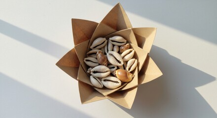 cowrie shells | A beautifully arranged bowl made of paper resembling a flower, filled with various seashells, placed on a light-colored surface with soft shadows in the background