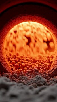 Rotary kiln industrial furnace glowing with intense heat and textured surface burning hot with fiery orange light inside