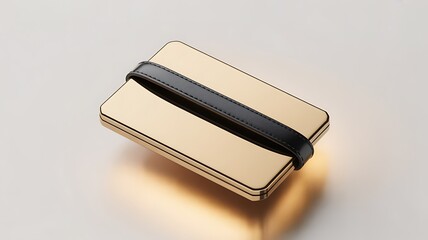 Modern gold credit card holder with black elastic strap