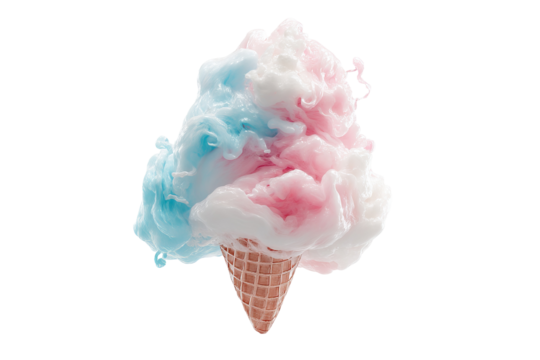 Whimsical pastel cotton candy ice cream scoop featuring swirled pink and blue soft-serve texture isolated on transparent PNG background for seamless cutout use in dessert packaging and menu design