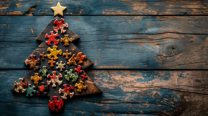 Christmas tree shaped cookie decorated with tiny colorful figures on rustic wood background