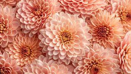 Warm salmon and peach colored dahlias display soft romantic tones, featuring layered petals in coral, pink, and cream with golden centers.