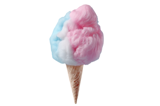 Whimsical pastel cotton candy ice cream scoop featuring swirled pink and blue soft-serve texture isolated on transparent PNG background for seamless cutout use in dessert packaging and menu design