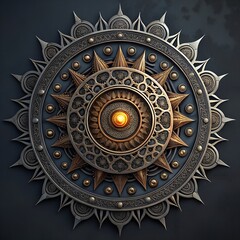 Obraz premium A detailed metallic mandala design featuring intricate patterns and a central glowing orb. The artwork showcases a blend of circular shapes and ornamental elements.