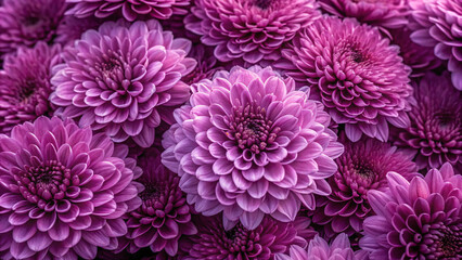 Vibrant purple dahlias display rich magenta tones with perfectly layered petals forming symmetrical rosettes in clustered floral arrangement.