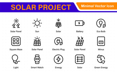 Solar panel color icon set with sun power photovoltaic (PV) home system and renewable electric energy technology glyph symbols: off the grid (OTG), inverter, charge controller, battery, meter.