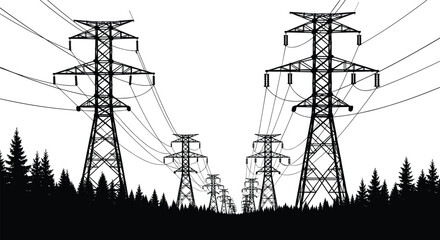 High voltage electricity pylons passing through forest trees, energy transmission infrastructure, black silhouette power lines in natural landscape scene