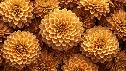 Warm orange dahlias showcase vibrant sunset colors with layered petals forming dense geometric patterns in monochromatic arrangement.