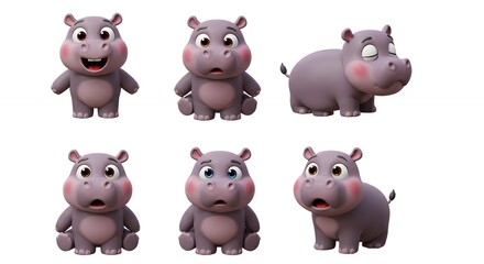 Cartoon hippopotamus characters with different expressions