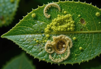 Green leaf with galls possibly caused by mites and water droplets