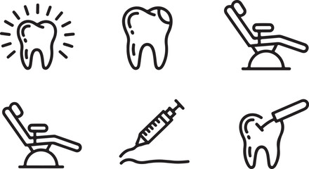 Hand-Drawn Dental Clinic Icons Pack Tooth X-Ray, Cavity Symbol, Dental Chair, Injection for Numbing, and Tooth Extraction