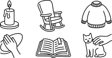 Obraz premium Hand-Drawn Comfort and Care Icons Candle Flame, Rocking Chair, Cozy Sweater, Book with Bookmark, and Petting a Cat