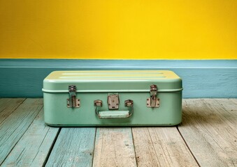 Vintage teal suitcase on a wooden floor against a yellow wall