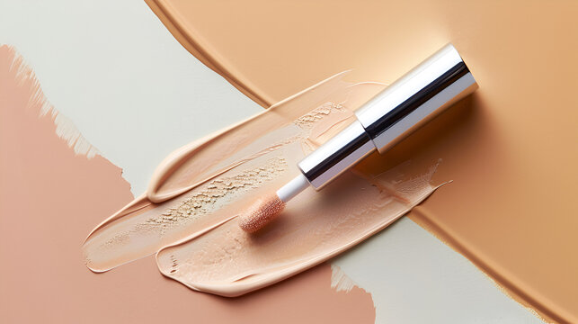 Close up of a concealer applicator with smears of light and dark foundation on a neutral background .