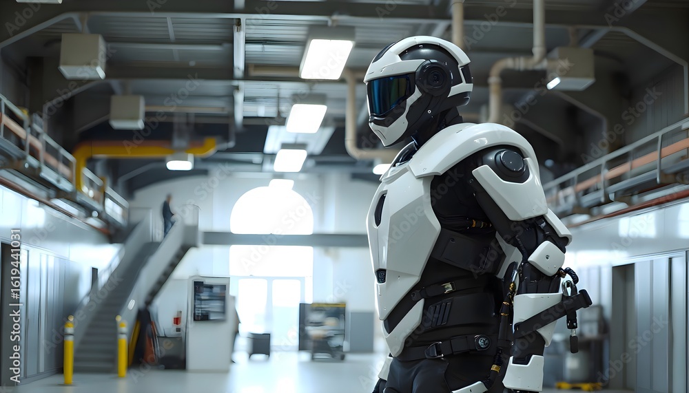 Poster robot standing in a modern building environment, symbolizing artificial intelligence, automation, an