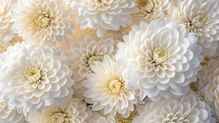 Pure white chrysanthemums densely packed, featuring pristine petals with yellow centers creating clean, elegant monochromatic floral display of perfection.