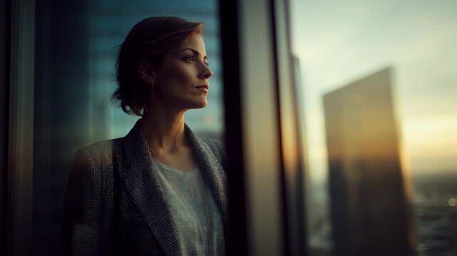 An anxious female professional stands by a large window gazing out as she grapples with feelings of uncertainty and insecurity after being laid off the city skyline reflecting her hopes