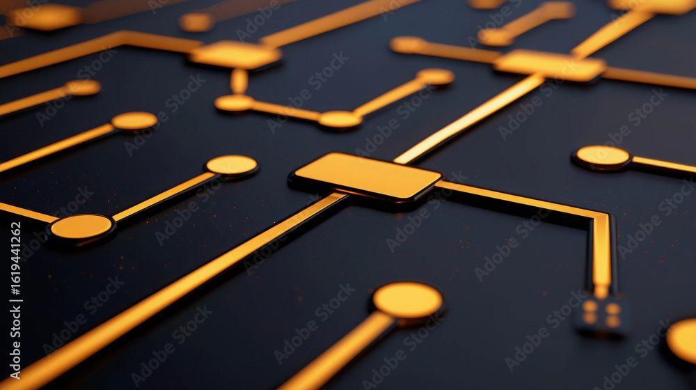Poster abstract close-up of orange circuit patterns on dark background, showcasing technology concepts and 
