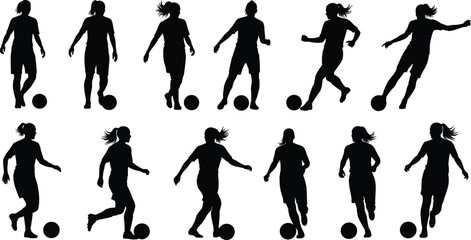 Silhouettes of female soccer players with ball, various poses, football training, women in sports, athletic action, teamwork concept illustration