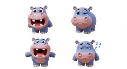Fototapeta premium Cartoon hippopotamus expressions set