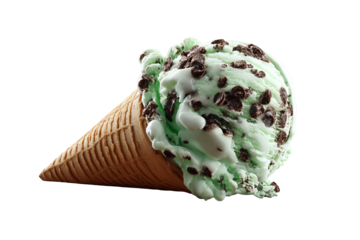 Creamy mint chocolate chip ice cream scoop studded with rich dark chocolate chips isolated on transparent PNG background perfect cutout element for dessert menus packaging digital art and summer brand