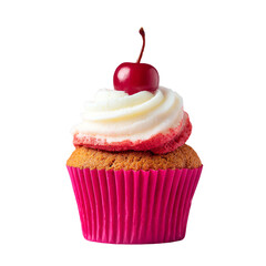 Delicious baked pink birthday cupcakes with red cherries and cream frosting isolated on transparent background