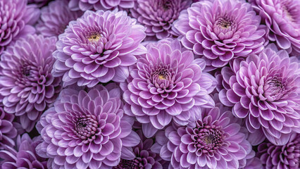 Vibrant purple chrysanthemums packed densely showing detailed petal textures and rich violet hues creating dramatic monochromatic botanical composition with depth.