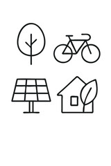 Fototapeta premium A black and white image of a house, a tree, a bicycle and a solar panel