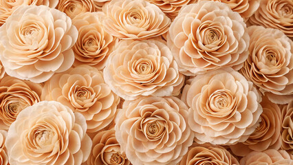 Cream colored ranunculus flowers arranged in perfect spiral formations creating elegant neutral toned floral pattern with sophisticated layered petal structure.