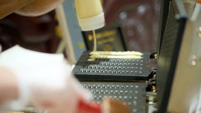 Pouring Batter on Hot Waffle Iron on event. Professional Waffle Machine in Action